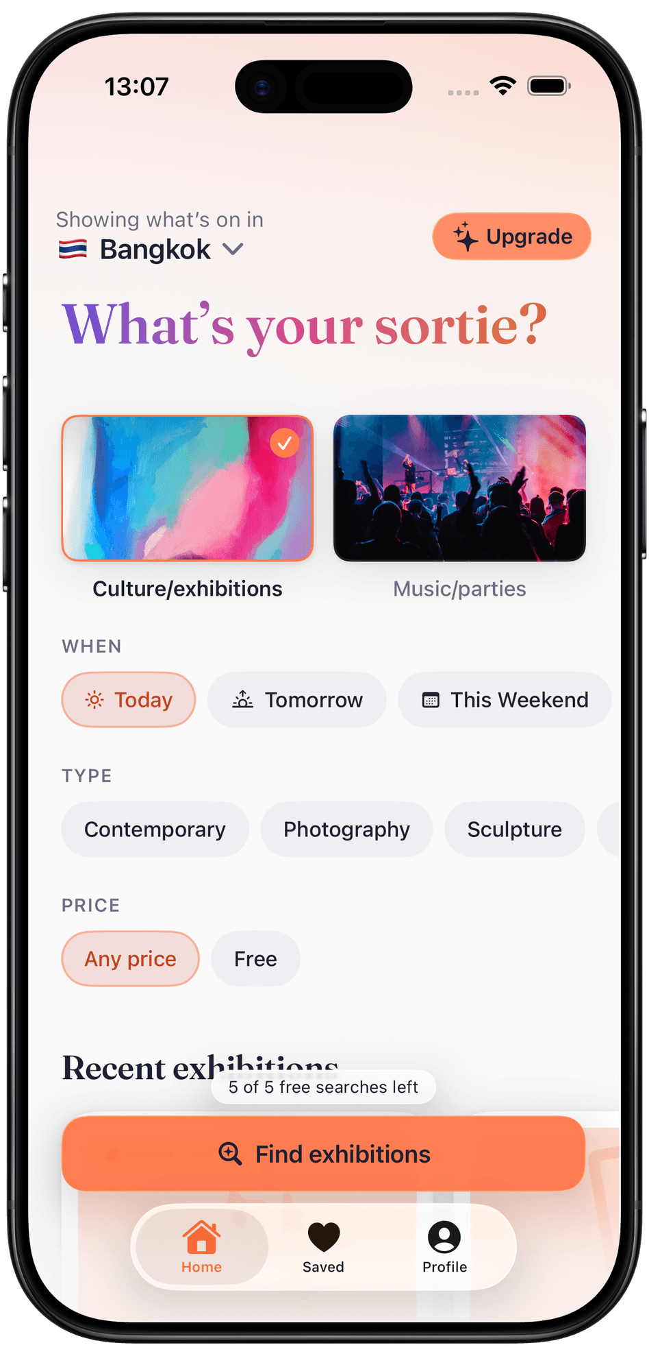 Sortie on iPhone: choosing exhibitions in Bangkok for tonight, with a Find exhibitions button ready to search.